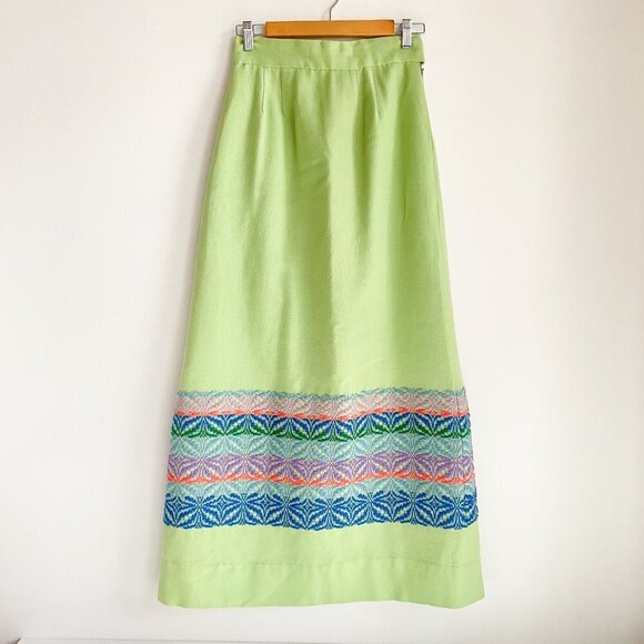 Vintage Lighweigth Wool Light Green Embroidered Ethnic Maxi  Skirt S - Picture 6 of 8